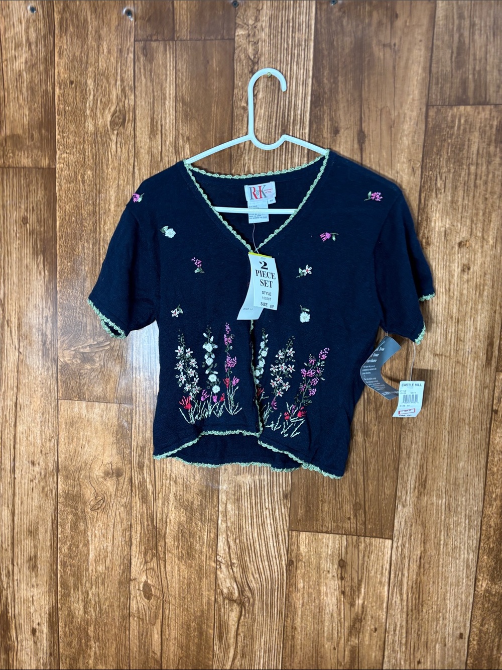 RK Collection Black Short-Sleeve V-Neck Top with Floral Embroidery